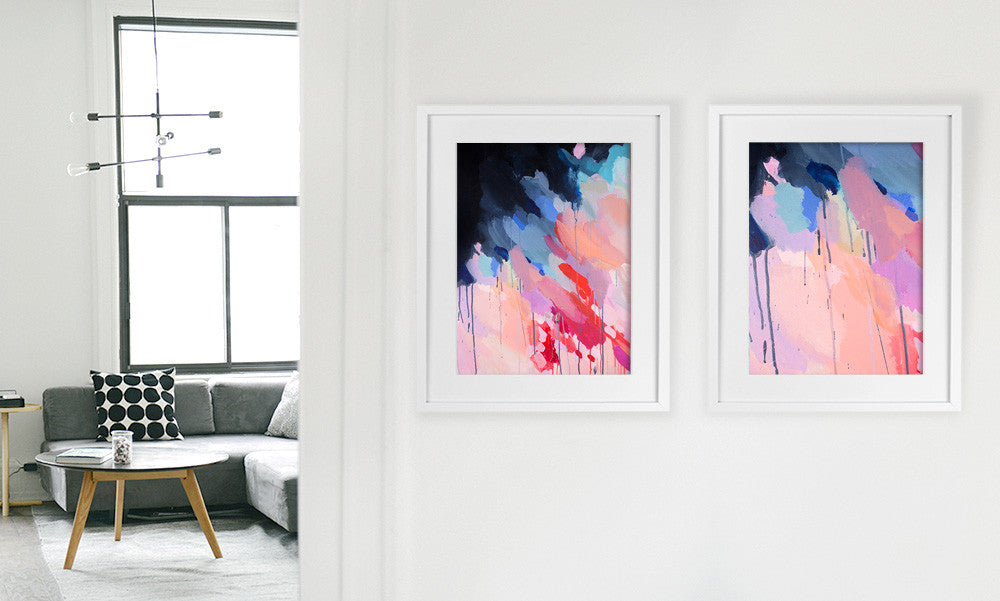 Shannon O'Neill Contemporary Australian Artist - bright colourful modern abstract painting- A3 framed art print - Evie & Pastel storm - Hallway